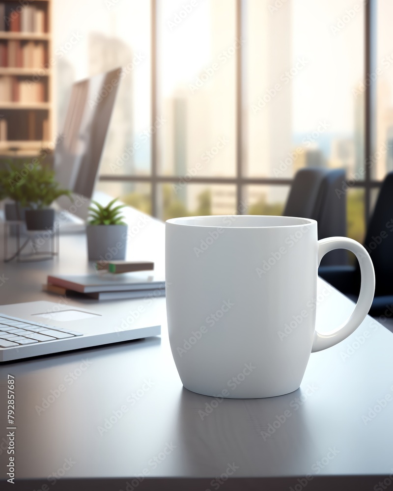 An elegant white coffee mug on an office desk, displaying a sleek modern design and professional atmosphere, perfect for corporate use An elegant white coffee mug on an office desk, displaying a sleek modern design and professional atmosphere, perfect for corporate use