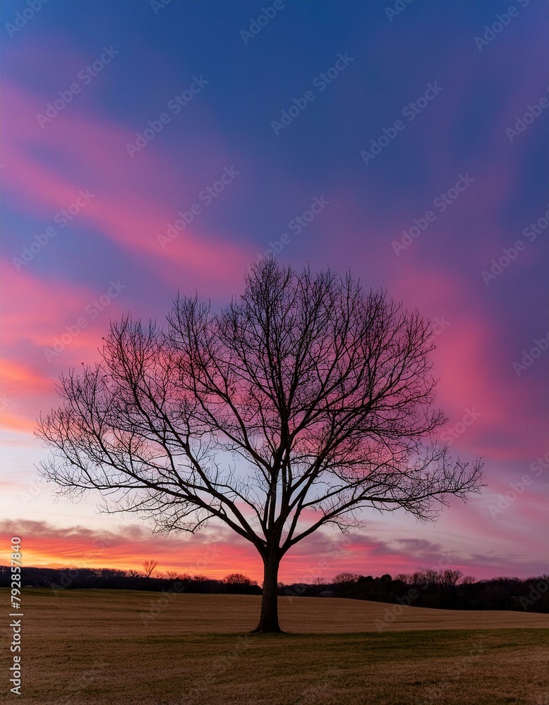 Twilight Symphony: Leafless Tree Amidst Radiant Purple and Pink