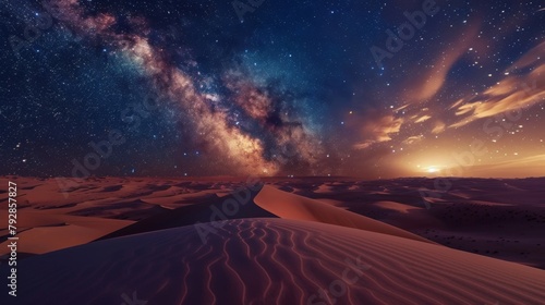 A vast desert landscape, wind-sculpted sand dunes stretching to the horizon under a starlit night sky