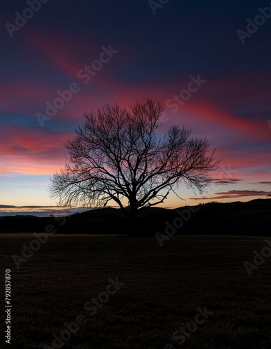 Nocturnal Stillness: Leafless Tree Amidst Dazzling Night Colors