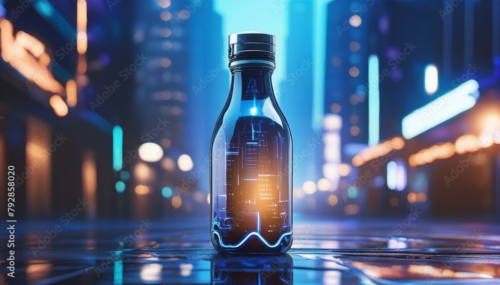 Fototapeta premium A futuristic botale (robotic bottle) in a cyberpunk cityscape, glowing with neon lights.