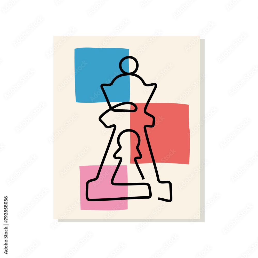Fototapeta premium Chess poster design. Chess pieces in one line style vector illustration.