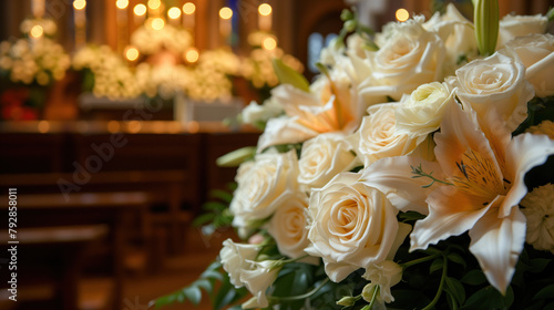 White roses and lilies at a solemn funeral ceremony in a church.