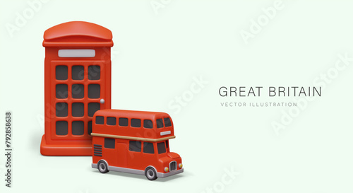 Great Britain concept in 3D cartoon style. Red phone booth, double decker bus