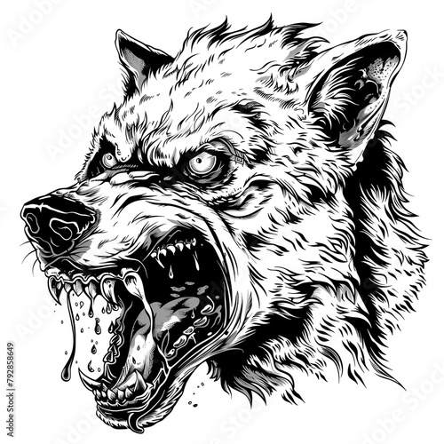 Hand-drawn depiction of a fierce wolf, perfect for coloring, zombie-themed animal tattoo design, Isolated on Transparent Background, PNG