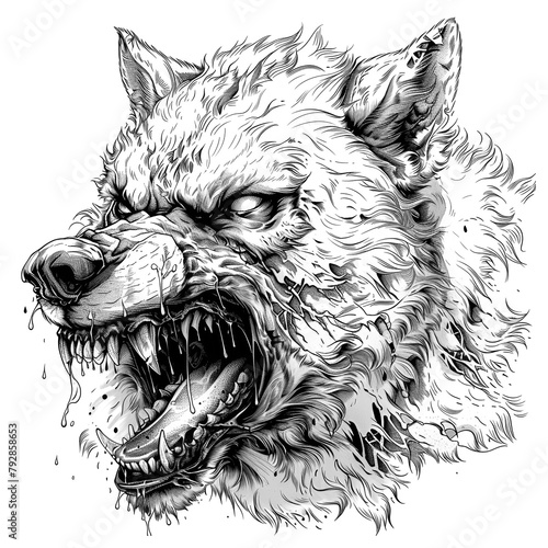 Sketch of an aggressive wolf, designed for coloring, tattoo of undead-style animal, Isolated on Transparent Background, PNG