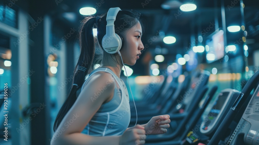 Beautiful young Asian woman running on a treadmill and listening to music through headphones during sports training in the gym.