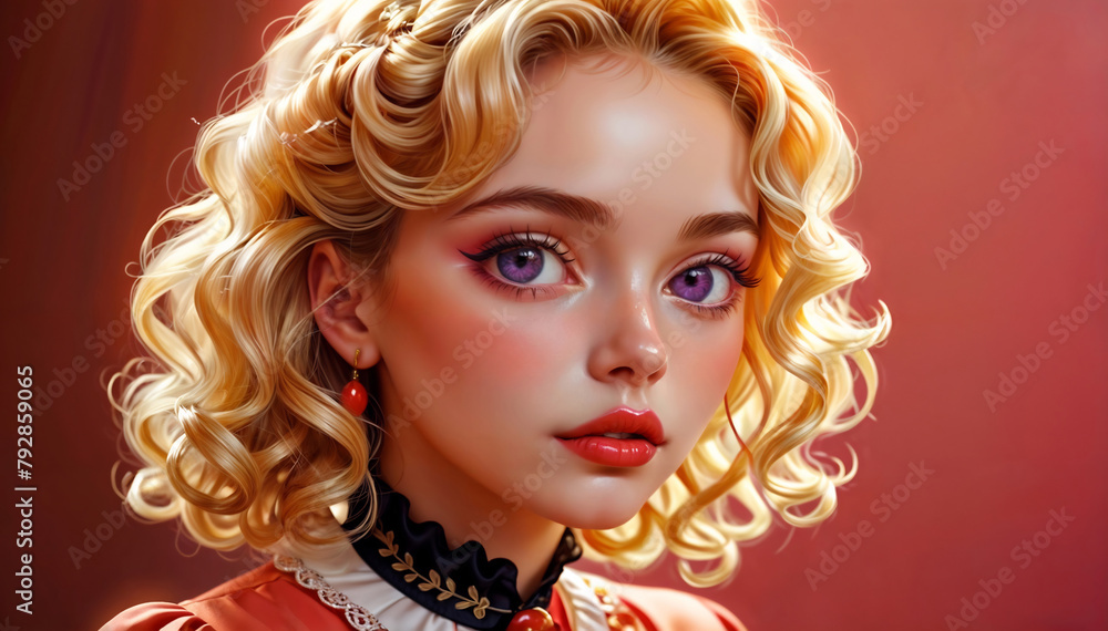 The image features a digital painting of a woman with blonde curly hair. Generative AI The image features a digital painting of a woman with blonde curly hair. Generative AI