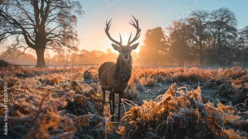 Red deer in the morning sunlight wide angle lens