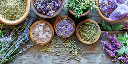 Lavender and other herbs and rose quartz - Herbalist naturopathic holistic healing theme banner with wooden bowls containing lavender flowers and crystals on a wooden surface with copy space
 photo