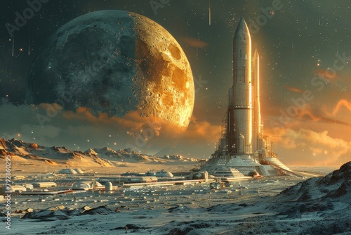 Futuristic spaceport on the Moon, with starships docking and departing against a backdrop of Earth photo