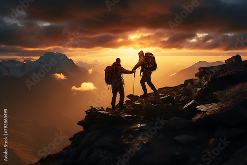 Couple of hikers with backpacks standing on the edge of a mountain