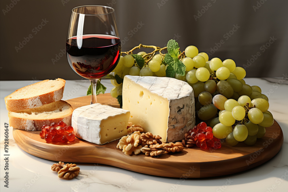 Wine and Cheese Pairing: Elegant scene with wine and cheese served with fruits and nuts.