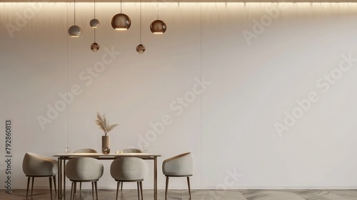 Step into a modern dining room adorned with a sleek hanging lamp suspended from the ceiling. The room is elegantly furnished with a stylish dining table and chairs.