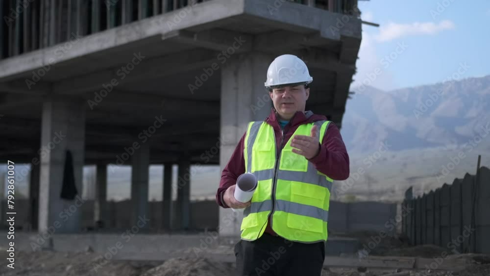 Indignant engineer designer with drawings in his hands convincingly explains the idea and comes closer against the backdrop of a building under construction close-up. Indignant engineer designer with drawings in his hands convincingly explains the idea and comes closer against the backdrop of a building under construction close-up.