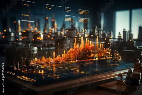 Laptop with glowing forex chart on blurry city background. 3D Rendering