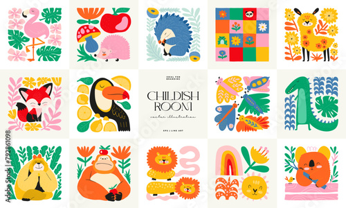 Abstract Childrens Room posters template. Modern trendy Kids minimal style. Hand drawn design for wallpaper, wall decor, print, postcard, cover, template, banner. 