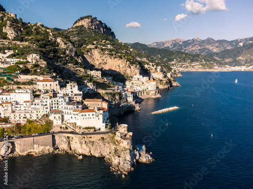 Amalfi, Italy: Aerial view of road along the dramatic Amalfi coast and village near Naples by the Mediterranean sea in Itlay. photo