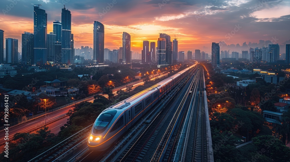 Fototapeta premium Megastructure bridge over a futuristic cityscape, supporting high-speed maglev trains and electric vehicles