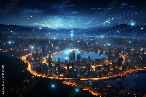 Modern city at night with network connection concept. 3D Rendering