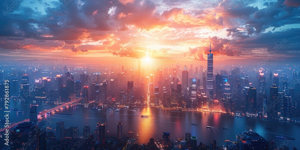 Obraz premium Panoramic view of a futuristic metropolis managed by AI, with predictive analytics for efficient urban living, showcasing the skyline