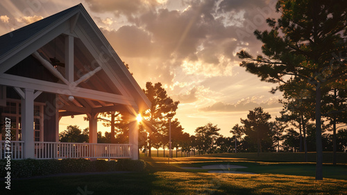 Sunset beautifully casting shadows on a new clubhouse with a white porch and gable roof, in high definition. photo