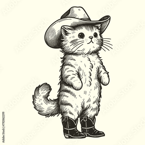 cute cat in cowboy boots and hat illustration
