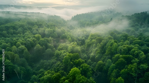 Lush Green Forest Enveloped in Early Morning Fog Serene Aerial Landscape Panorama