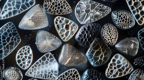 A group of tiny jewellike diatoms each one with its own unique geometric pattern and intricate cell wall visible under high magnification.