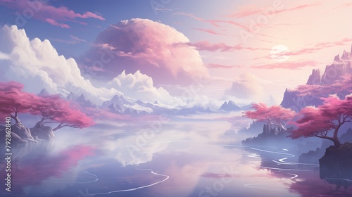Wisps of pink clouds adorn the azure expanse, creating a scene of unparalleled serenity and wonder. photo