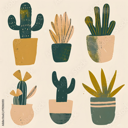 small clipart set of 6 simple abstract cactus, non uniform shapes, petrol green, light green, brick color and mustard, in the style of minimalist 