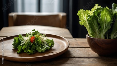 salad with vegetables on wooden tables, healthy dinner, launch