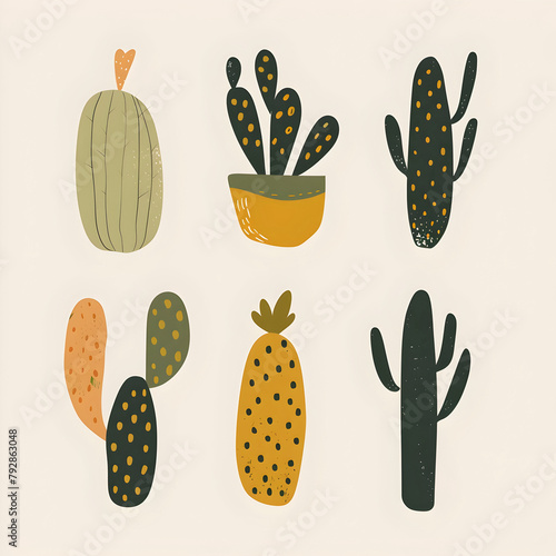 small clipart set of 6 simple abstract cactus, non uniform shapes, petrol green, light green, brick color and mustard, in the style of minimalist 