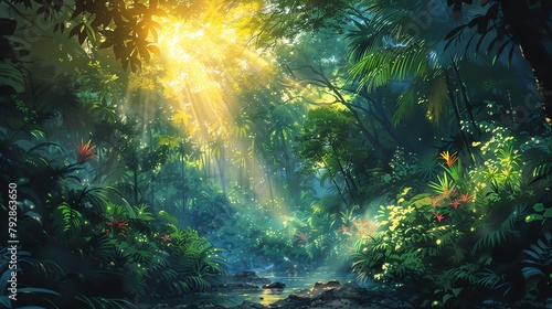 Radiant Rainforest Anime explorers journey through a vibrant watercolor jungle, filled with life
