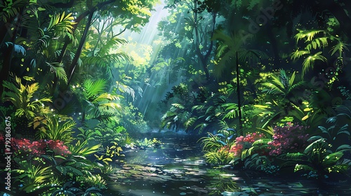 Radiant Rainforest Anime explorers journey through a vibrant watercolor jungle  filled with life