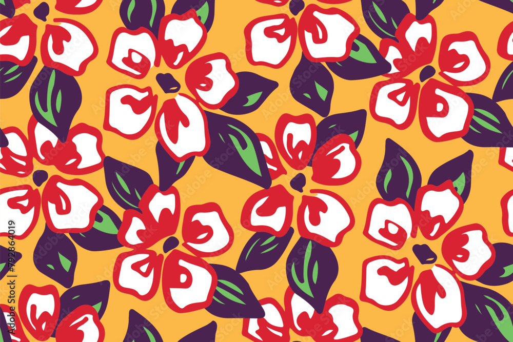 Seamless floral pattern, summer fashion ditsy print, abstract flower ornament in color. Artistic botanical surface design: hand drawn red flowers, leaves on yellow. Vector retro texture illustration. Seamless floral pattern, summer fashion ditsy print, abstract flower ornament in color. Artistic botanical surface design: hand drawn red flowers, leaves on yellow. Vector retro texture illustration.