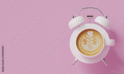 White alarm clock and coffee latte . Coffee time concept. Pink with empty background.jpg (ID: 792864095)