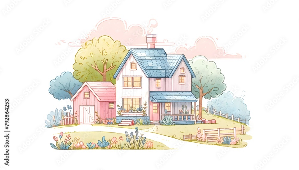 Pastel Country Home Illustration | Dreamy Cottage Digital Art Print
 - obrazy, fototapety, plakaty 