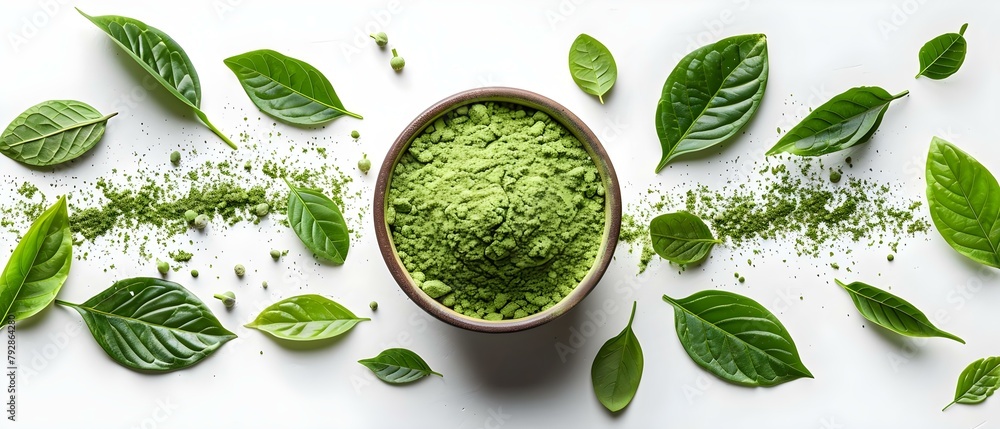 Mockup of powdered matcha tea with kratom leaves on white background. Concept Product Photography, Herbal Supplements, White Background, Mockup Presentation Mockup of powdered matcha tea with kratom leaves on white background. Concept Product Photography, Herbal Supplements, White Background, Mockup Presentation