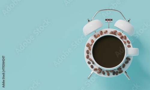 White alarm clock and coffee bean. Coffee time concept. blue with empty background (ID: 792864247)