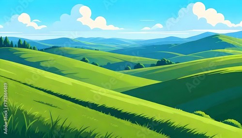 Summer fields, hills landscape, green grass, blue sky with clouds, flat style cartoon painting illustration.