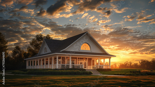 Ultra HD capture of a sunset illuminating a new clubhouse with a white porch and gable roof with semi-circle window.