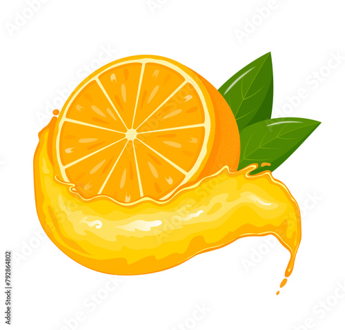 Orange slices with juicy splash. Fresh citrus, half sliced oranges. Orange is a fruit that is sour and has high vitamin C. Flat style. Vector illustration