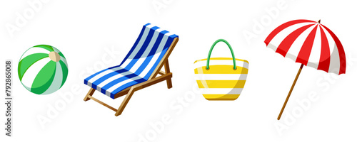 Beach set,chaise longue, umbrella, bag, ball, on an isolated white background.