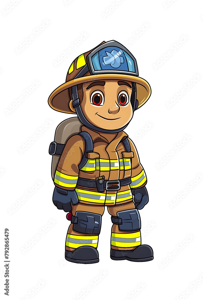 Cartoon young firefighter in full gear with a helmet and carrying a fire extinguisher, smiling confidently. Generative AI