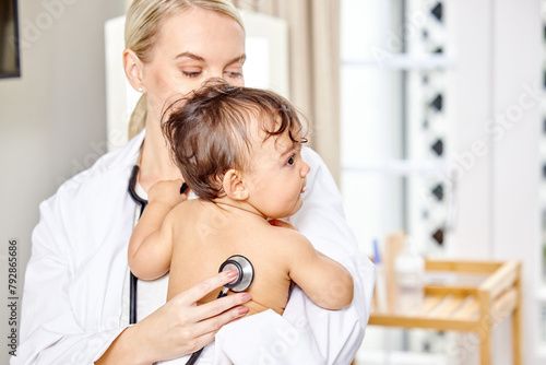 Doctor, baby and listen to lungs in hospital for newborn healthcare, medical appointment and stethoscope on body. Young child, pediatrician and patient exam at clinic for croup, growth and breathing