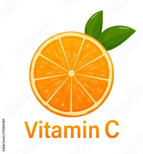 Vitamin C, orange fruit and letter C with two green leaves. Vitamin concept with slice of juicy orange. Healthy complex with chemical formula from nature.