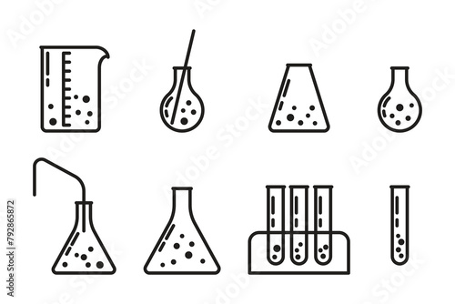 A set of linear icons of laboratory glassware with reagents. Flasks, test tubes, measuring cups, etc.