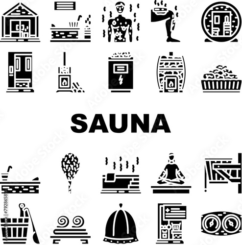 sauna steam spa health icons set vector. room accessories, relax heater, stone luxury, towel stroke, candle thermal, bath sauna steam spa health glyph pictogram Illustrations