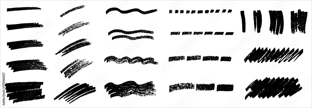 Set of hand drawn brush strokes, waves and dotted lines with rough edges, paintbrush vector shapes for painting or drawing, poster design elements